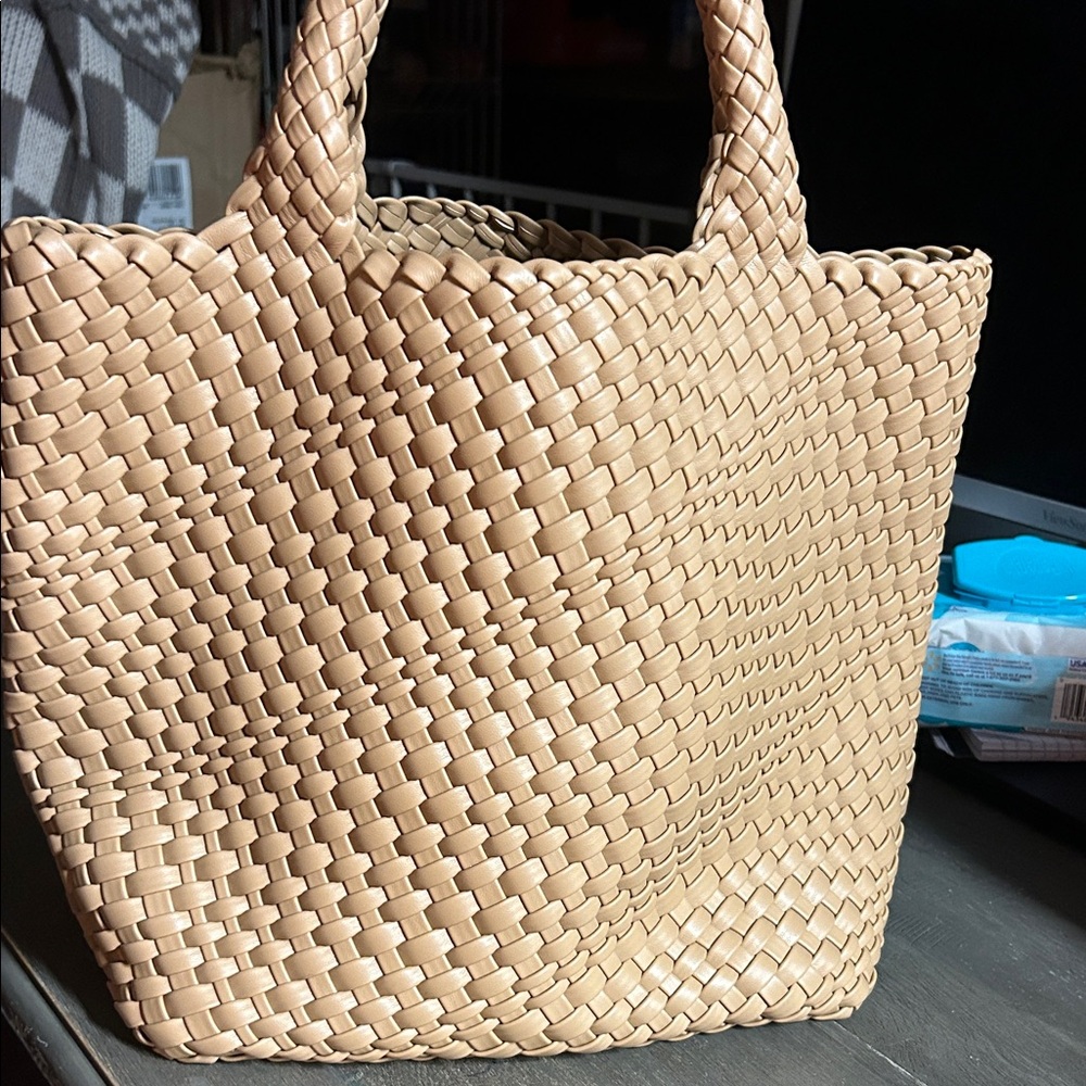 Faux Leather Tan Woven Tote Bag